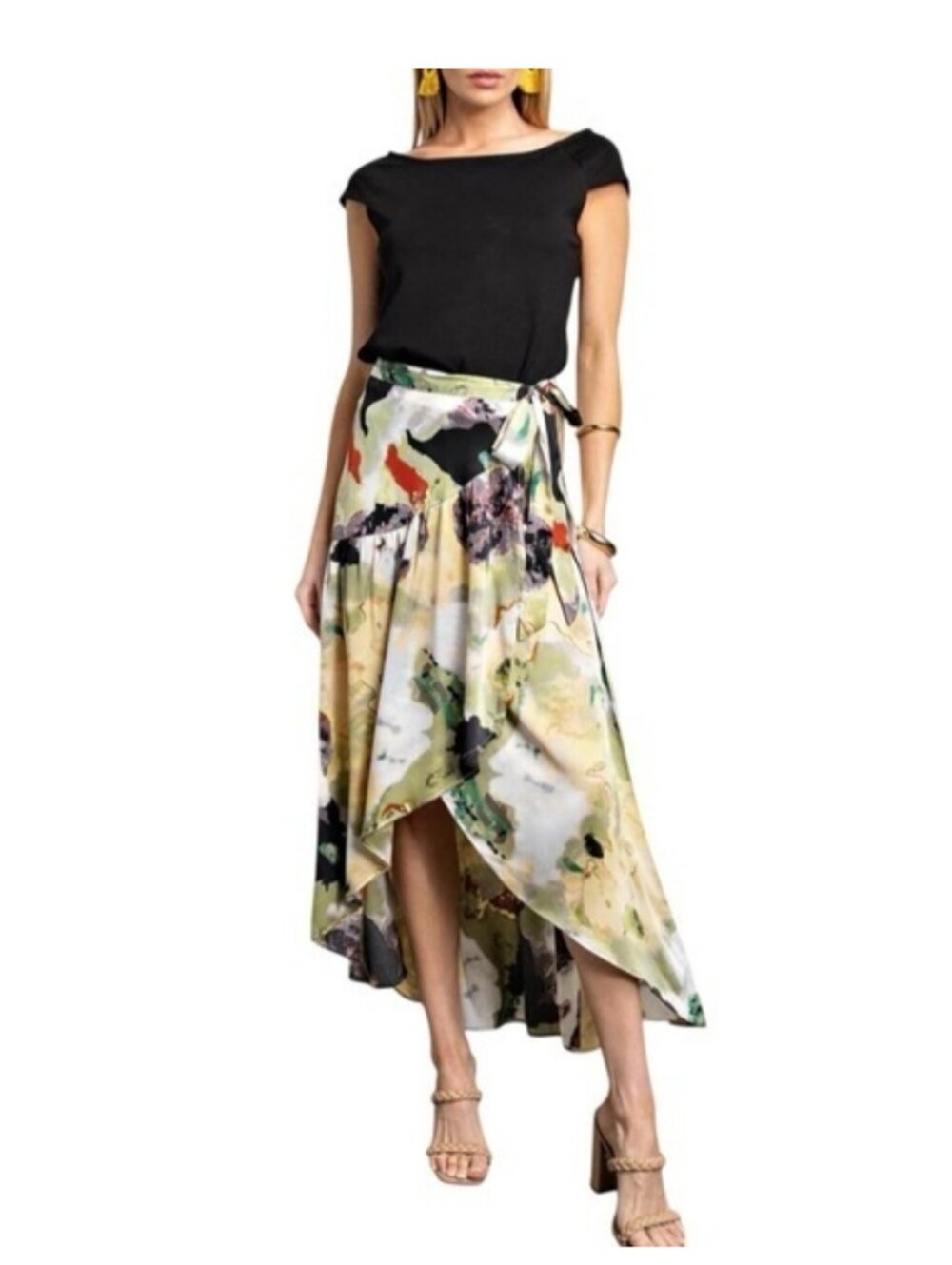 Kori Aura Abstract High Low Ruffle Wrap Midi Maxi Skirt Green Black Red NWT